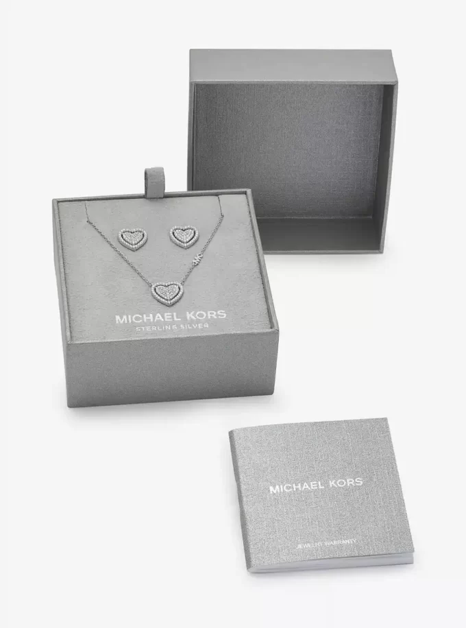 Değerli Metal Kaplamalı Sterling Gümüş Pavé Kalp Kolye ve Küpe Hediye Seti