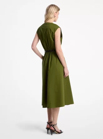 Esnek Pamuklu Poplin Kemerli Midi Elbise
