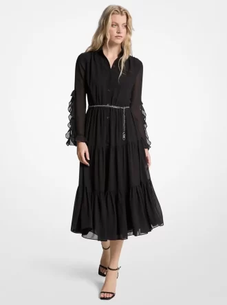Fırfırlı Georgette Midi Elbise