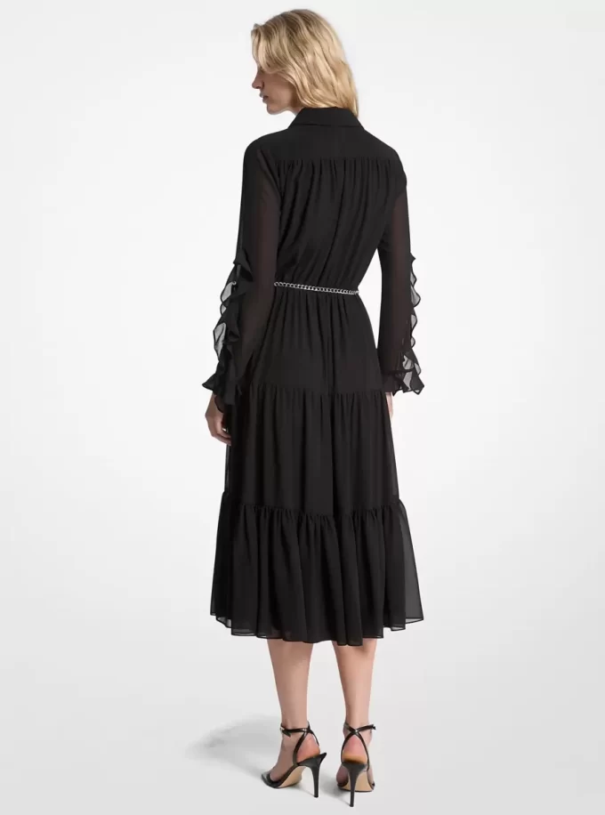 Fırfırlı Georgette Midi Elbise