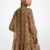 Leopar Desenli Jorjet Yaka Bağcıklı Elbise