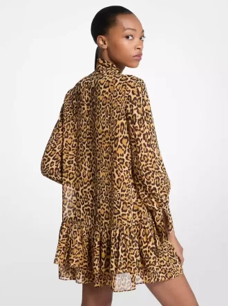 Leopar Desenli Jorjet Yaka Bağcıklı Elbise
