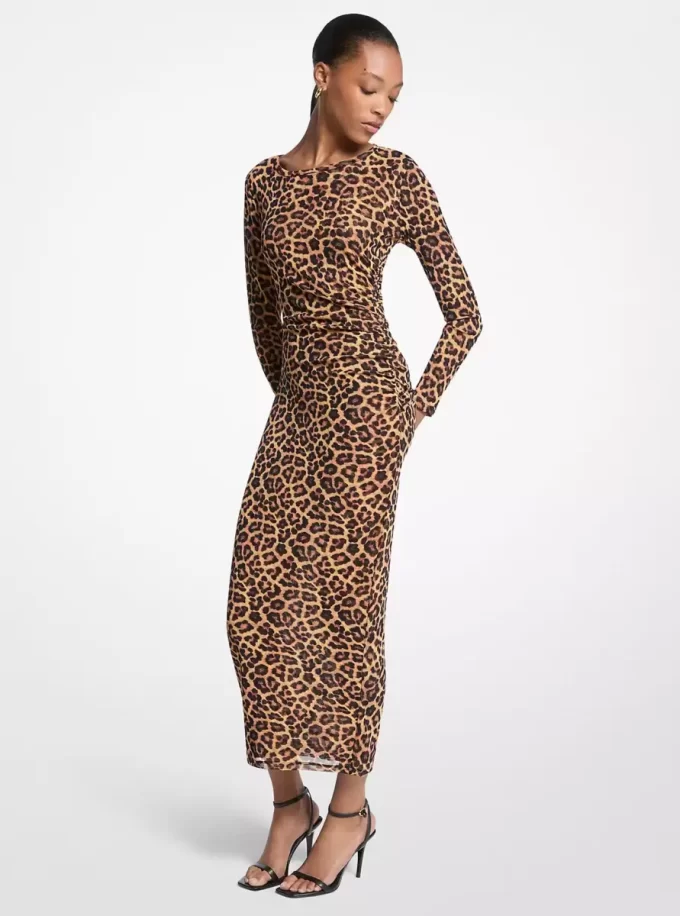 Leopar Desenli Naylon File Midi Elbise