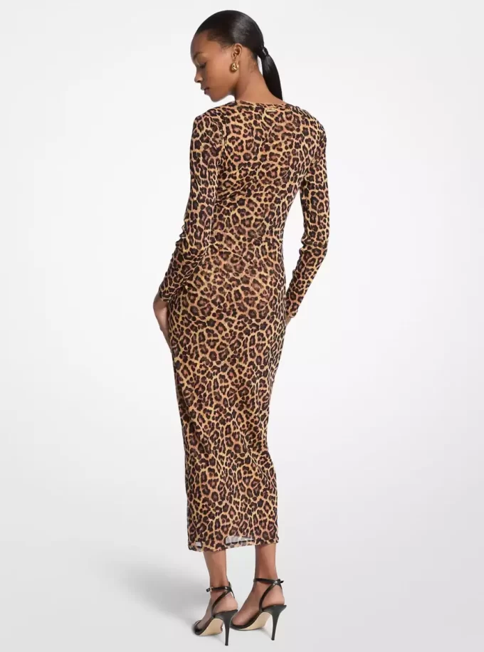 Leopar Desenli Naylon File Midi Elbise