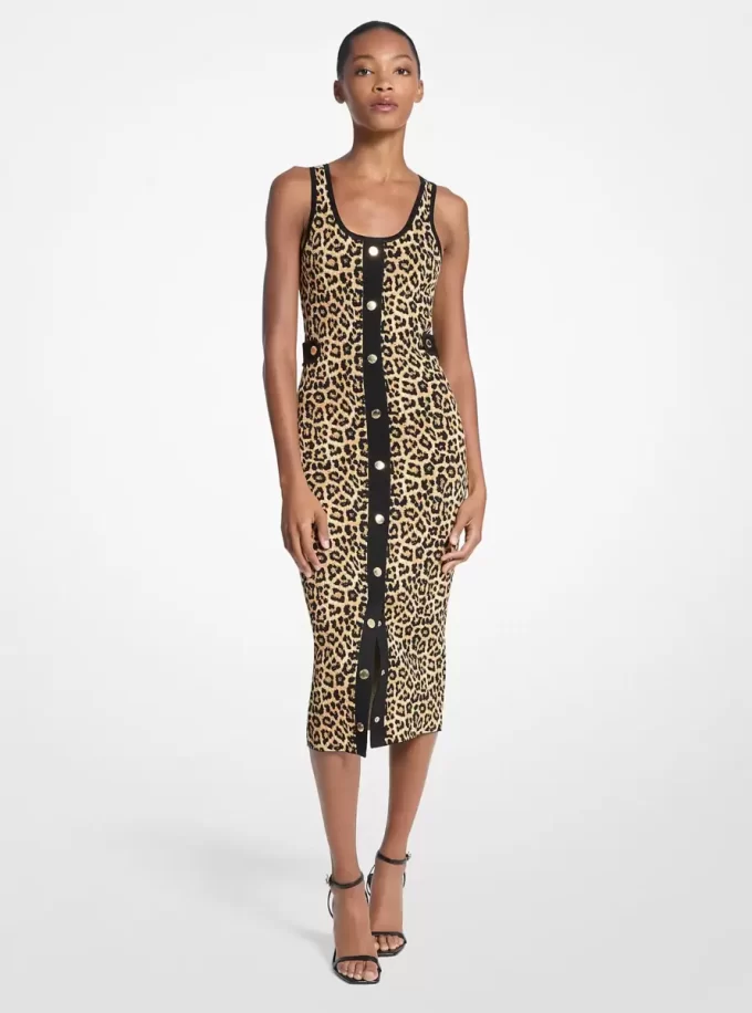 Leopar Desenli Streç Viskon Midi Tank Elbise