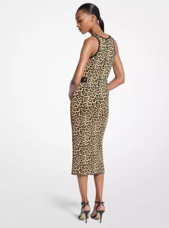 Leopar Desenli Streç Viskon Midi Tank Elbise