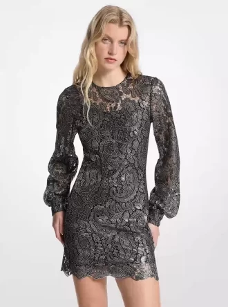 Metalik Paisley Dantel Mini Elbise