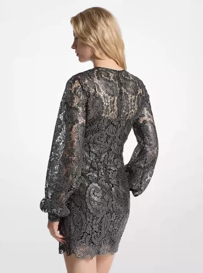 Metalik Paisley Dantel Mini Elbise