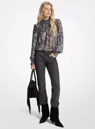 Metalik Paisley Desenli Jorjet Bluz
