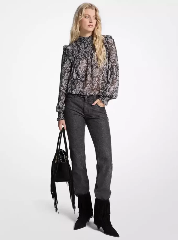 Metalik Paisley Desenli Jorjet Bluz