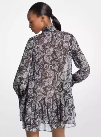 Metalik Paisley Georgette Bağcıklı Elbise
