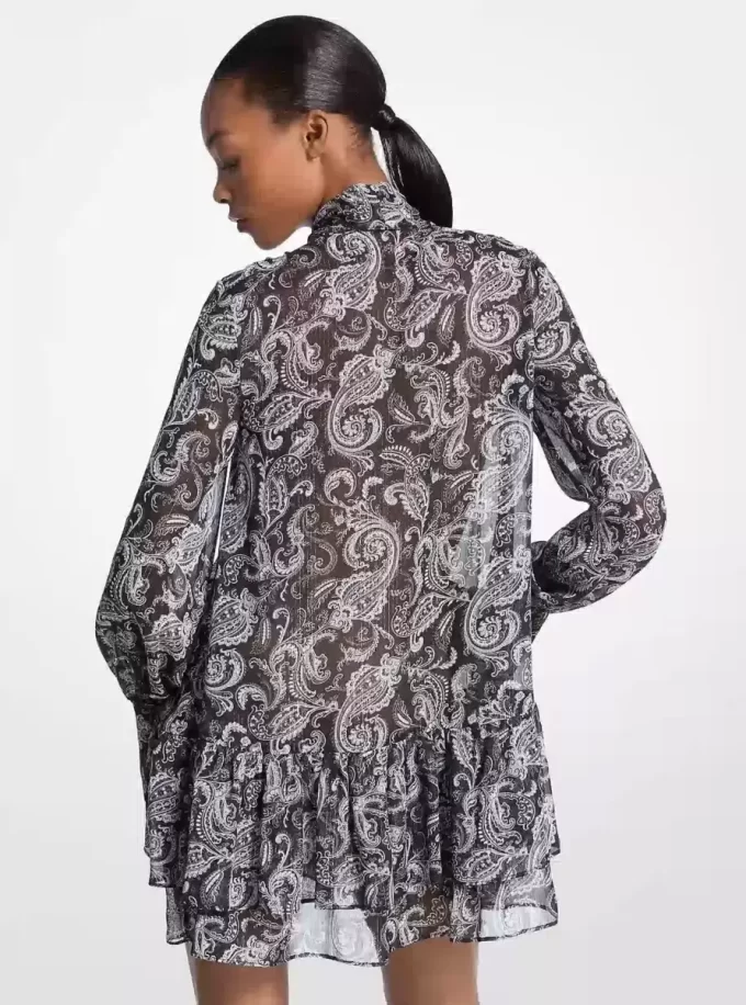 Metalik Paisley Georgette Bağcıklı Elbise