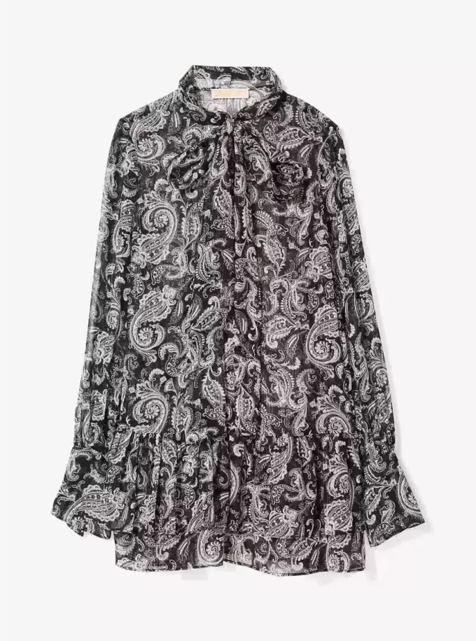 Metalik Paisley Georgette Bağcıklı Elbise