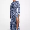 Paisley Desenli Büzgülü Georgette Uzun Elbise