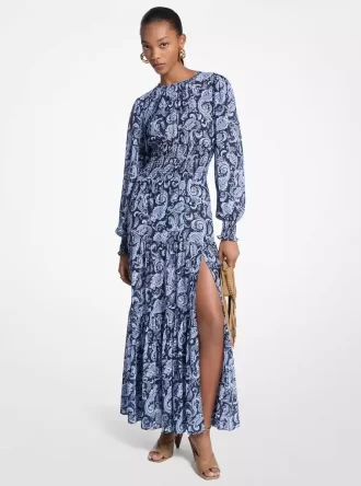 Paisley Desenli Büzgülü Georgette Uzun Elbise