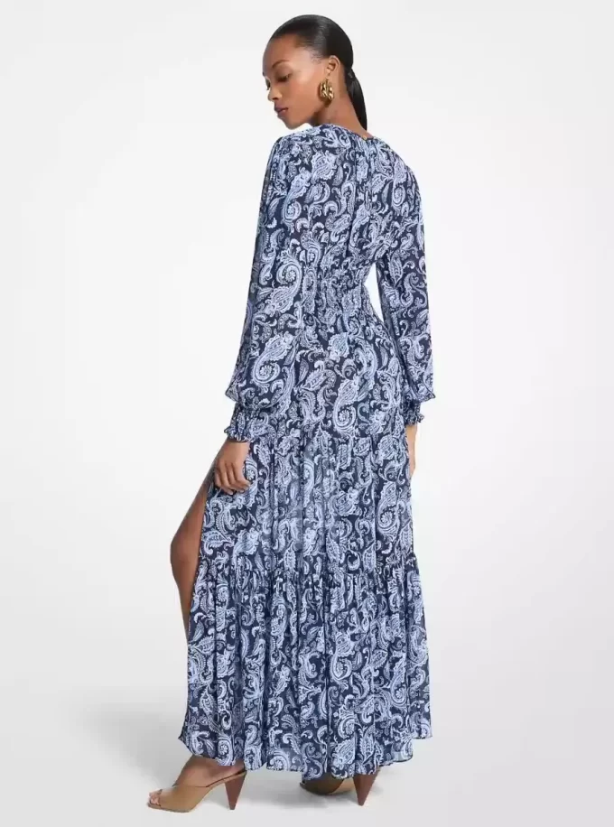 Paisley Desenli Büzgülü Georgette Uzun Elbise