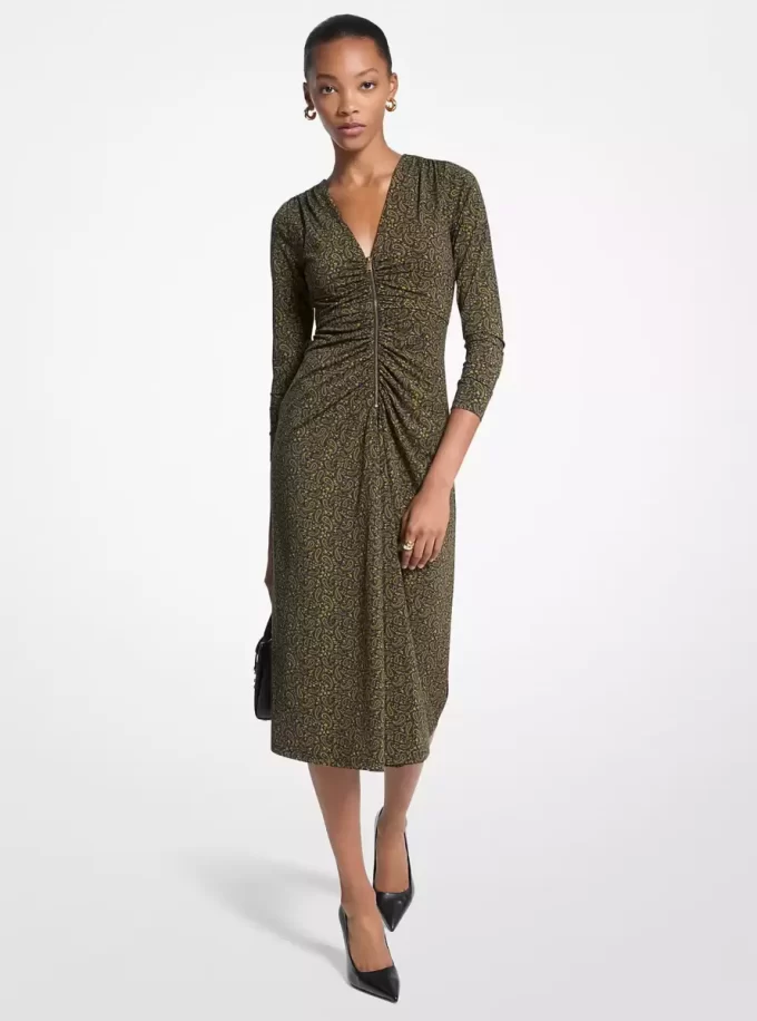 Paisley Desenli Esnek Mat Jersey Midi Elbise