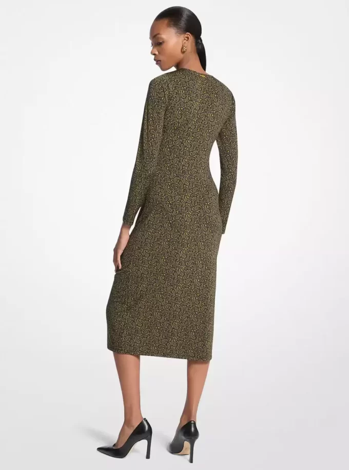 Paisley Desenli Esnek Mat Jersey Midi Elbise