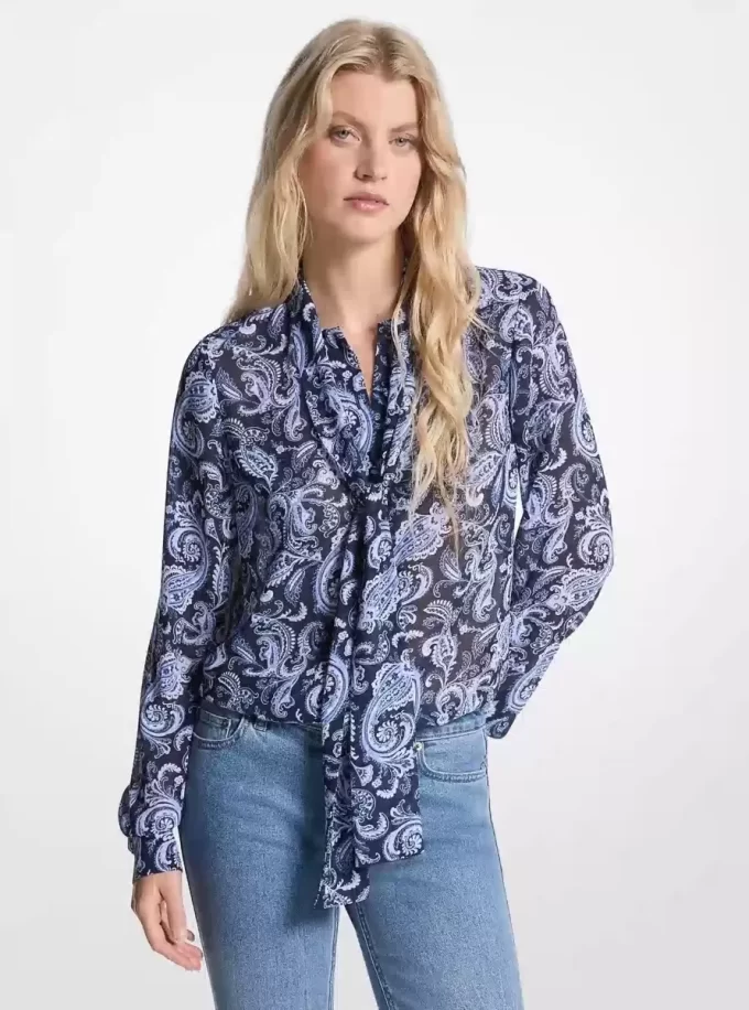 Paisley Desenli Georgette Yakalı Bluz
