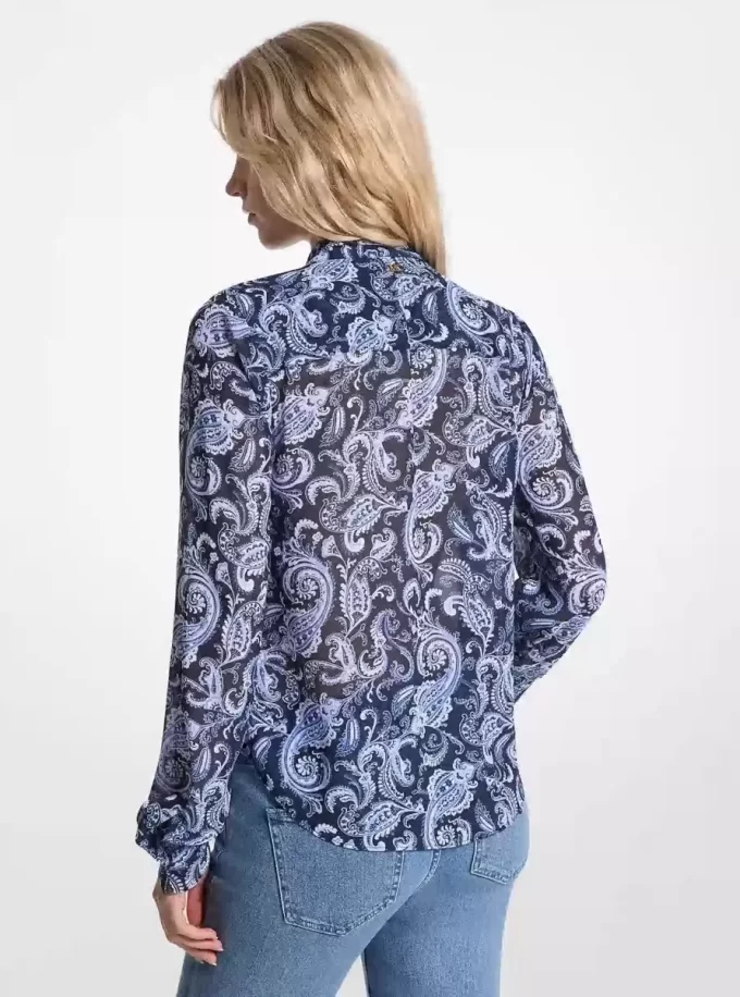 Paisley Desenli Georgette Yakalı Bluz