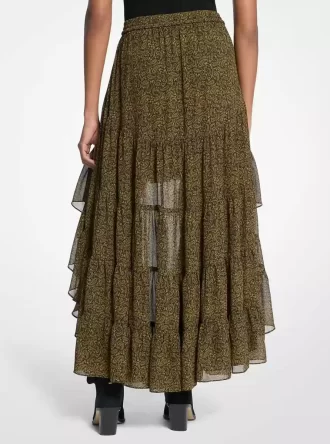 Paisley Desenli Georgette Yüksek-Alçak Katlı Etek