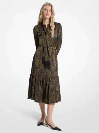 Paisley Desenli Saten Yakalı Midi Elbise