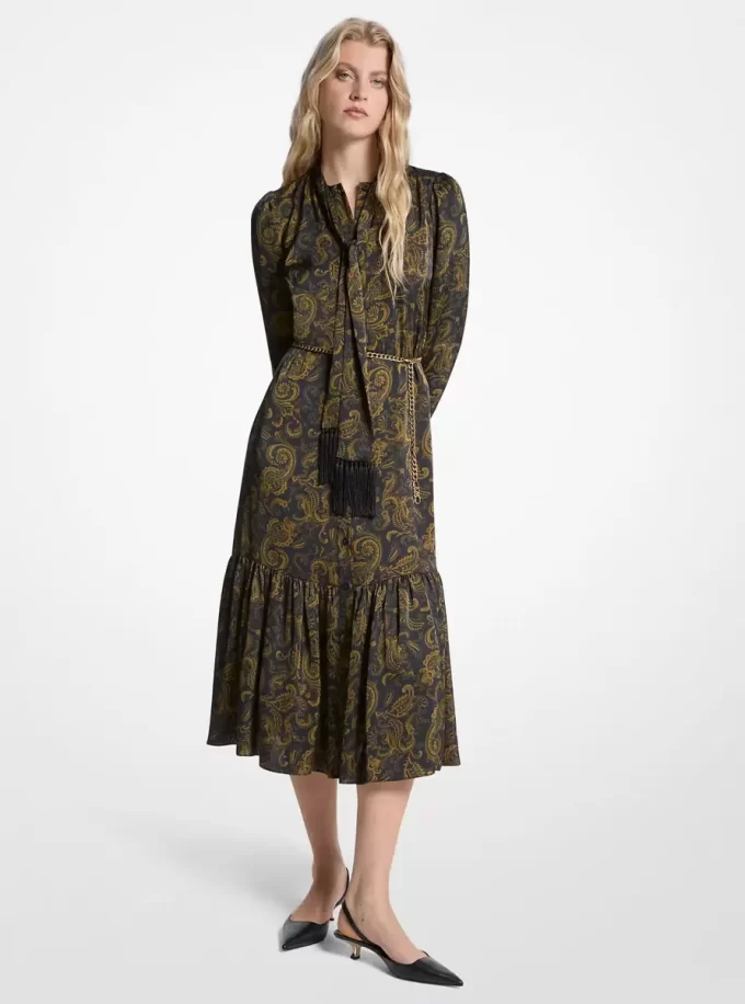 Paisley Desenli Saten Yakalı Midi Elbise