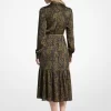 Paisley Desenli Saten Yakalı Midi Elbise