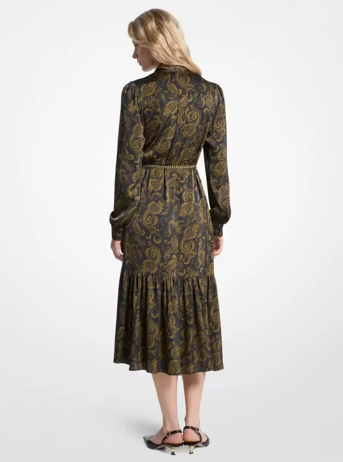 Paisley Desenli Saten Yakalı Midi Elbise